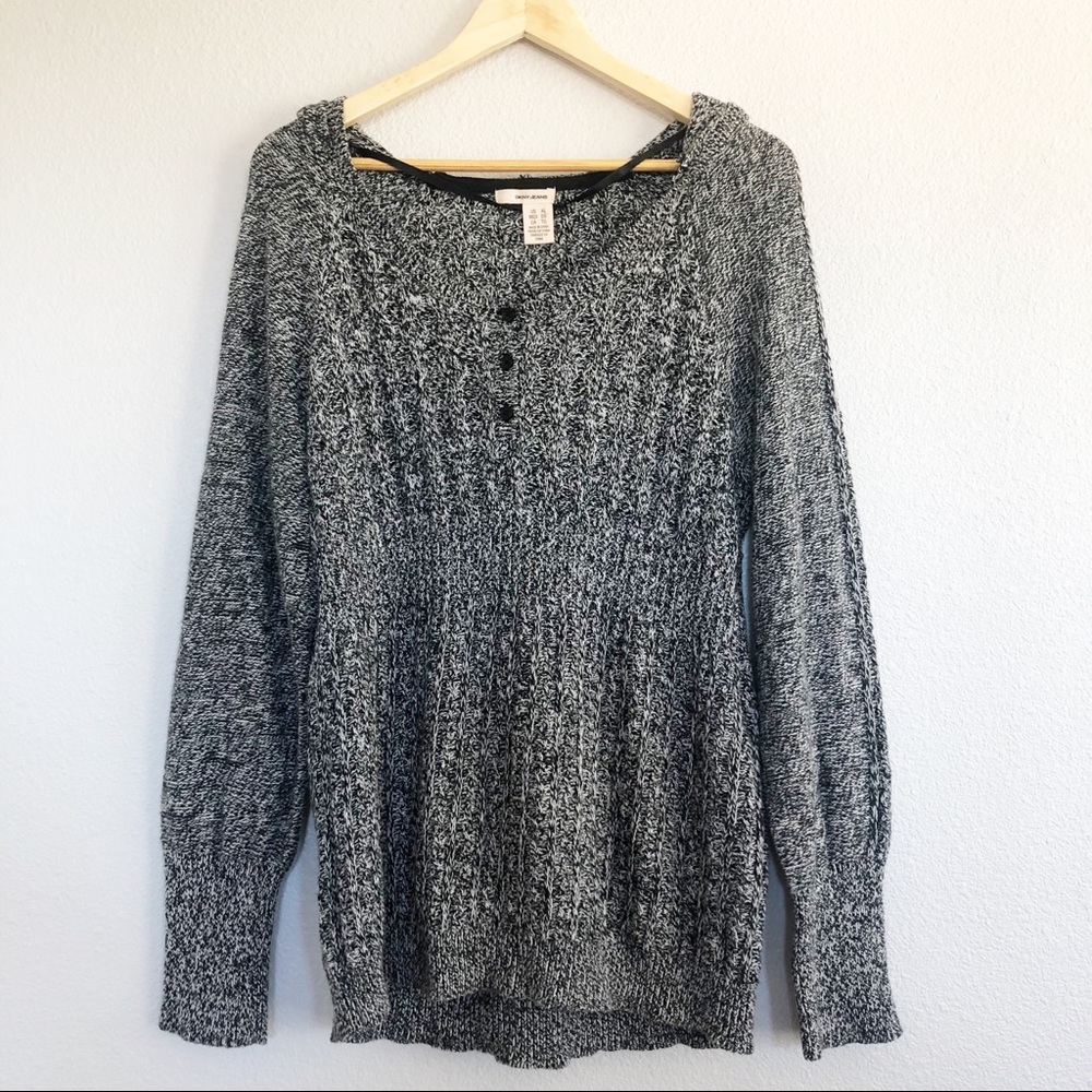 DKNY Black Gray Hooded Knit Sweater Sz XL
